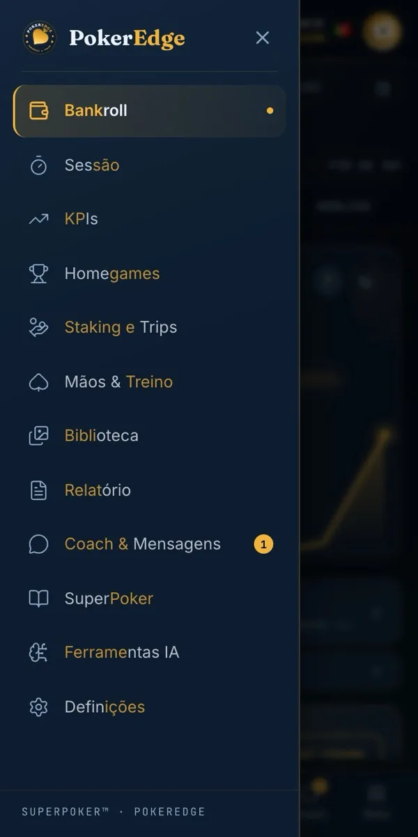 PokerEdge no telemóvel, com o menu aberto sobre o ecrã do bankroll
